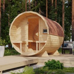 Karibu Fasssauna 2 naturbelassen verschiedene Varianten, aus 38 mm massivem nordischem Fichtenholz