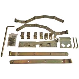 T&J Beschlag für Doppeltor Überwurfbeschlag gebogen Doppelbogen-Torbeschlag, gelb verzinkt, mit 60 cm Torbändern & Drückergarnitur – ideal für gebogene Doppeltore BRUNO & HUGO