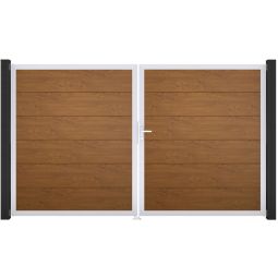 GroJa Doppeltor BasicLine PVC-Steckzaun Golden Oak  Füllungen mit strapazierfähigen PVC-Folien veredelt, Aluminiumrahmen pulverbeschichtet, 300x180 cm groß