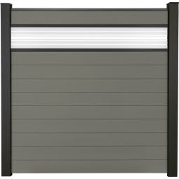 GroJa Solid Steckzaun Sichtschutzzaun mit 30 cm ESG-Glas Designeinsatz Grau Sichtschutz Steckzaun Lamellenzaun Bausatz aus 10 Füllungen und einem Glaseinsatz, 180x180x1,9 cm, mit Adapterleisten, Abschlussprofil und Distanzstück-Set