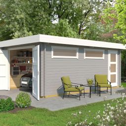 WEKA Einzelgarage 441 Holz hellgrau mit Holztor, 2 Fenstern und einem separaten Eingang