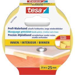 tesa Profi-Malerband Innen 25 m Extra dünnes Profi‑Maler‑Kreppband für präzise Farbkanten im Innenbereich, verschiedene Breiten, Klebt sicher auf glatten Oberflächen, für alle Farbtypen geeignet