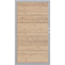 TraumGarten Sichtschutzzaun DESIGN WPC ALU Tor Sand/Silber Alu-Designrahmen 66x40 mm, 6 WPC-Lamellen, 98x180 cm, DIN rechts/links montierbar, wartungsarm, inkl. Beschlagsatz