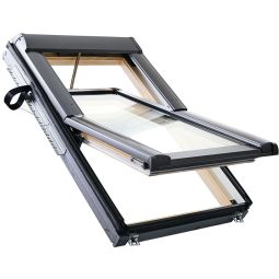 Roto Dachfenster Designo RotoTronic R69G H2EF Comfort Verglasung Holz Elektro-Funk Fenster 3-fach Sicherheits- und Wärmedämm-Isolierverglasung, Schallschutzklasse 3, Anti-Tau Beschichtung, Schwingfenster