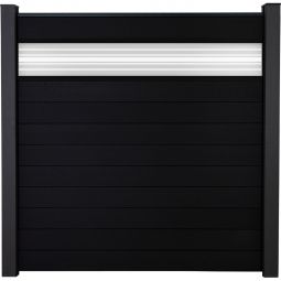 GroJa Solid Steckzaun Sichtschutzzaun mit 30 cm ESG-Glas Designeinsatz Schwarz co-extrudiert Sichtschutz Steckzaun Lamellenzaun Bausatz aus 10 Füllungen und einem Glaseinsatz, 180x180x1,9 cm, mit Adapterleisten, Abschlussprofil und Distanzstück-Set