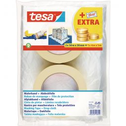 tesa Malerband 2 x 50m x 30 mm + Folie Promo  zum sauberen Abkleben von geraden Kanten im Innenbereich