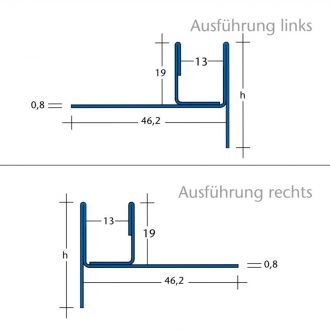 Technische Zeichnung mit Angaben BLANKE Fliesenschiene Gefällekeil AQUA-KEIL GLAS Edelstahl Schwarz matt 2000x60mm